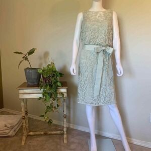 Adrianna Papell Dress Women's 10 Vintage Green Layered Lace Tie Ribbon (1306)